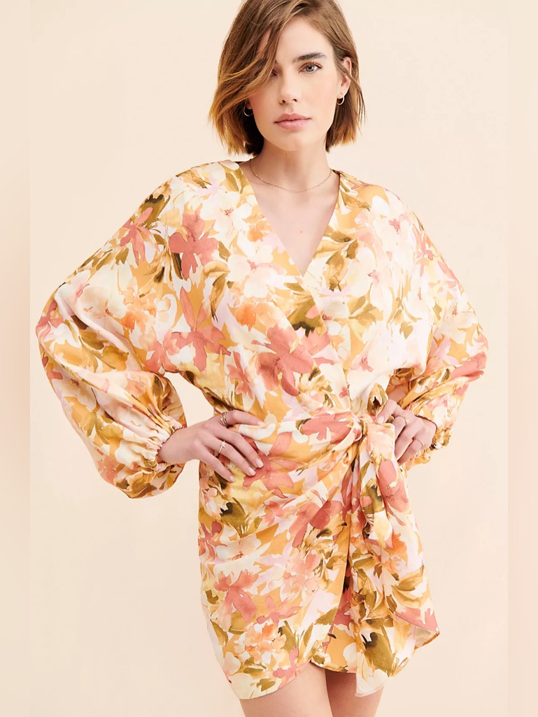 Significant Other Kenna Floral Wrap Mini Dress In Peach & Gold